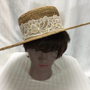Straw Sun Hat with White & Gold Lace Embellishment